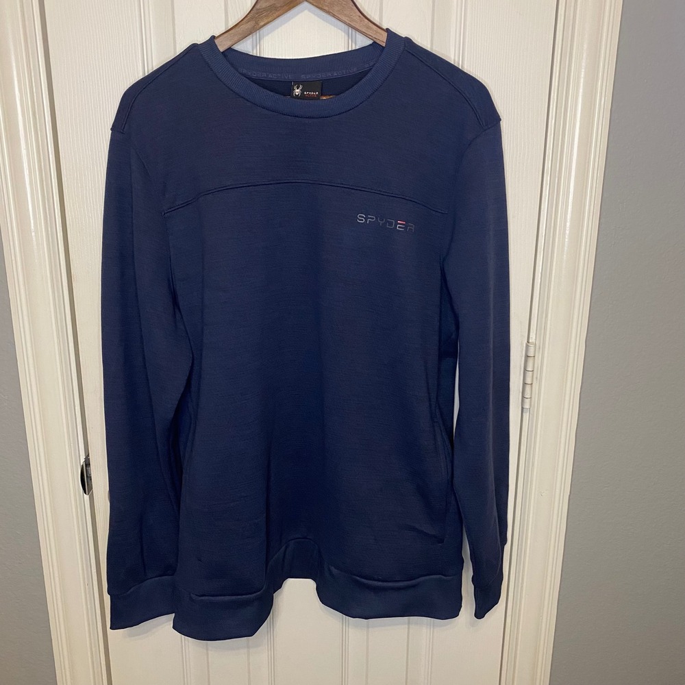 Spyder Active Mens Large Navy Blue Crewneck Sweatshirt Fleece Lined Side Pockets